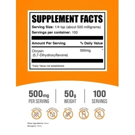 BulkSupplements.com Chrysin Powder - 5,7-Dihydroxyflavone, Chrysin Supplement, Antioxidants Supplement - Gluten Free, 500mg per Serving, 50g (1.8 oz) (Pack of 1)