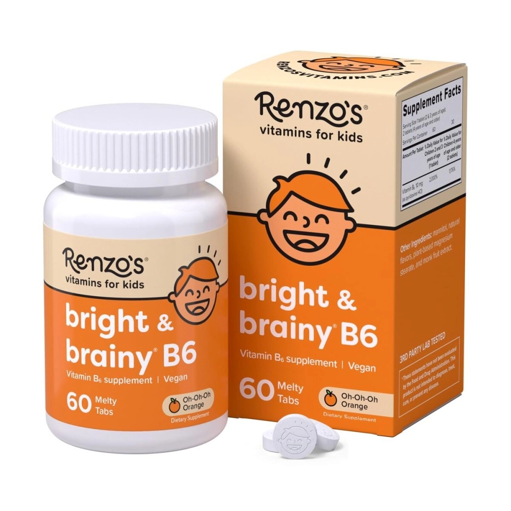 Renzo\'s Bright & Brainy Vitamin B6 - Vegan Vitamins for Kids, Dissolvable and Easy to Take B6 Vitamins for Kids, Zero Sugar, Oh-Oh-Oh Orange Flavor, [60 Melty Tabs]