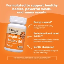 Renzo\'s Bright & Brainy Vitamin B6 - Vegan Vitamins for Kids, Dissolvable and Easy to Take B6 Vitamins for Kids, Zero Sugar, Oh-Oh-Oh Orange Flavor, [60 Melty Tabs]
