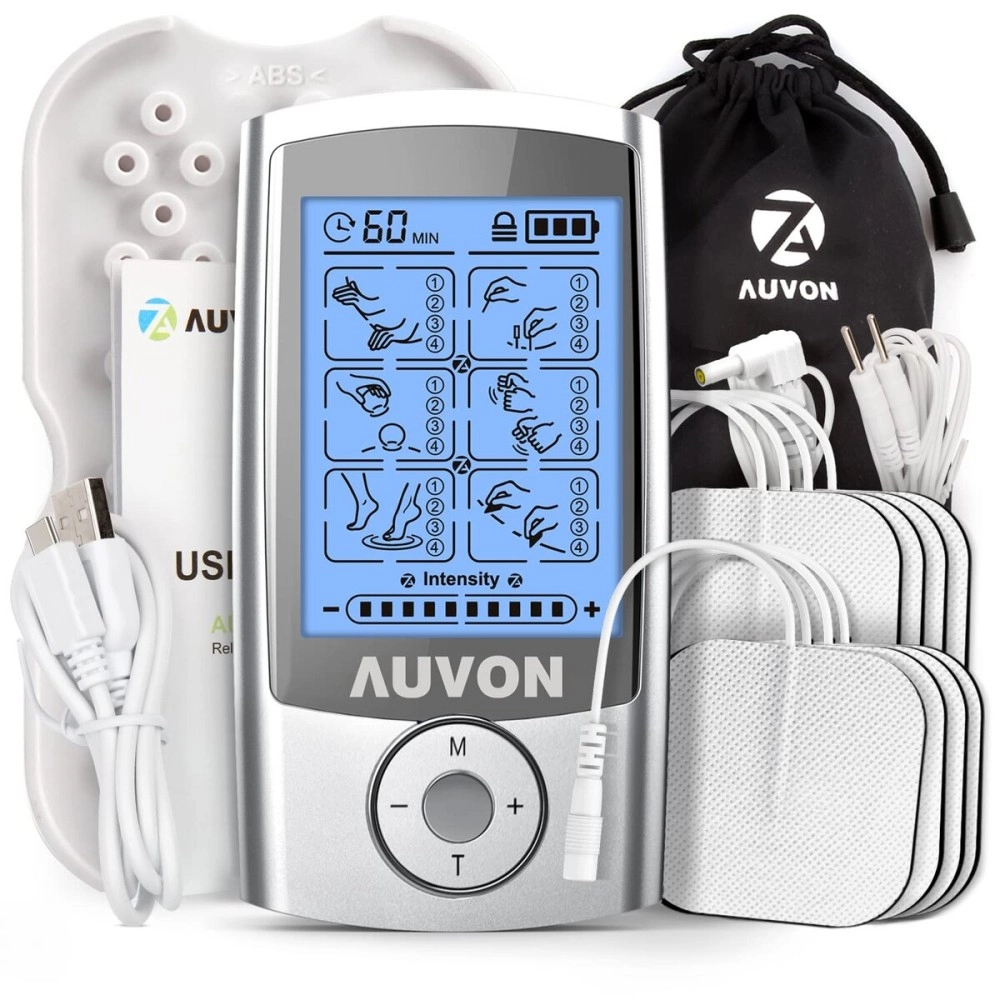 AUVON Rechargeable TENS Unit Muscle Stimulator, 24 Modes 4th Gen TENS Machine with 8pcs 2x2 Premium Electrode Pads for Pain Relief