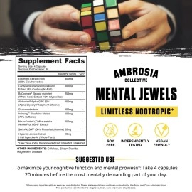 Ambrosia Mental Jewels (Capsules) - Cognitive Enhancer | Increase Memory, Communication Skills, Concentration & Focus | Alpha GPC, Choline, BaCognize | 120 Veggie Capsules (30 Day Supply)