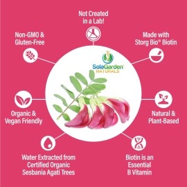 LifeGarden Naturals Whole Food Biotin Supplement - Contains Certified Organic Plant Based Biotin from Sesbania Agati Trees - by SolaGarden May Support Hair, Skin and Nails. 60 Non GMO Veggie Capsules.
