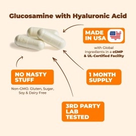 Glucosamine Sulfate with Hyaluronic Acid. Bioperine, MSM, Boswellia. Occasional Joint Pain Relief Supplement. Aids Healthy Inflammatory Response, Anti-Oxidant Properties Pills for Back, Knees, Hands