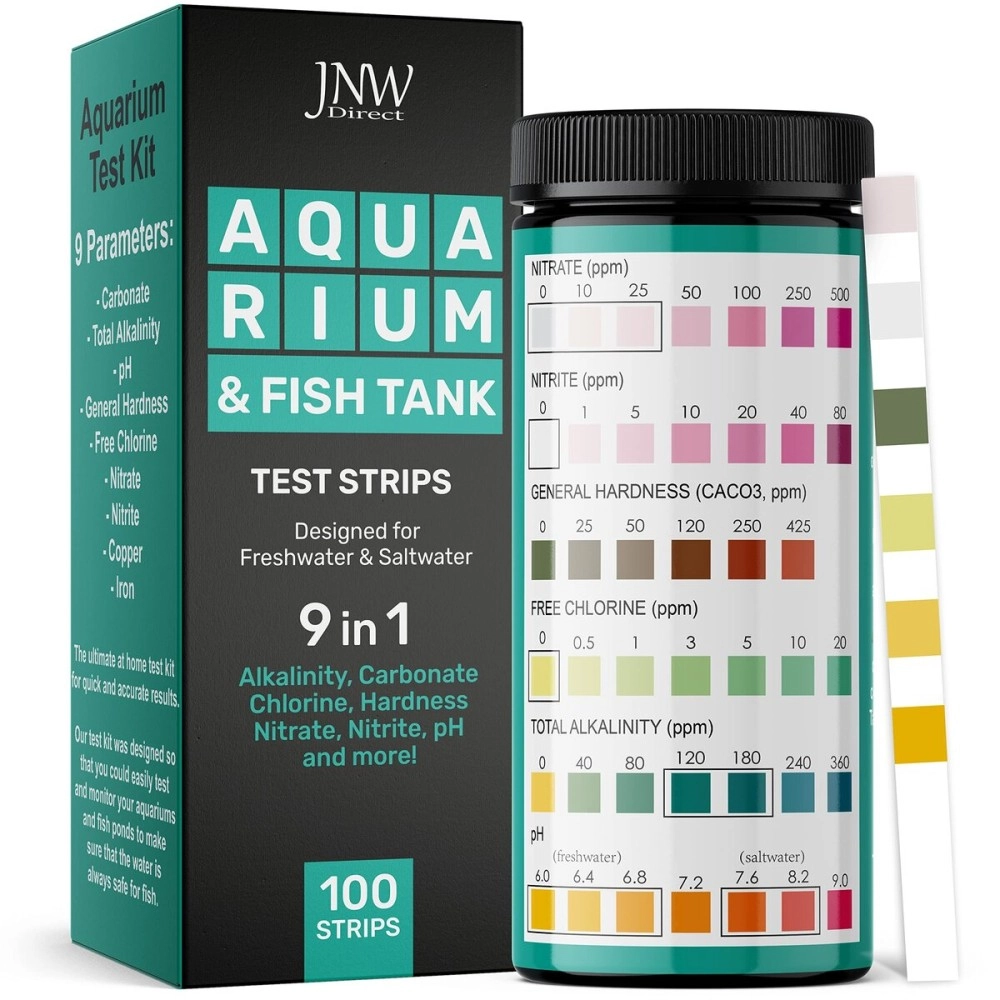 JNW Direct Aquarium Test Strips for Fish Tank 9 in 1, 100 Strip Pack, Test Hardness, Carbonate, Nitrate, Nitrite, pH & More, Accurate Freshwater and Saltwater Aquarium Water Testing