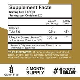 Qunol Ubiquinol CoQ10 100mg Softgels, Ubiquinol - Active form Of Coenzyme Q10, Antioxidant For Heart Health, Healthy Blood Pressure Levels, Beneficial To Statin Users, 4 Month Supply - 120 Count