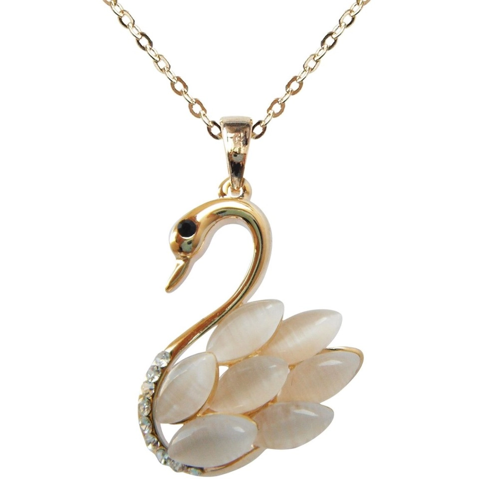 Navachi 18k Yellow Gold Plated Swan Bird White Created-Opal Crystal Az6042p Pendant Necklace 16+2