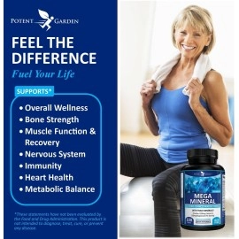 Potent Garden Mega Mineral Supplement Complete Mineral Complex with Calcium Magnesium Zinc Potassium Boron Selenium Chromium & 72 Trace Minerals Iron Free Calcium Supplement -100 Pills