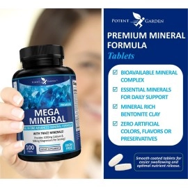 Potent Garden Mega Mineral Supplement Complete Mineral Complex with Calcium Magnesium Zinc Potassium Boron Selenium Chromium & 72 Trace Minerals Iron Free Calcium Supplement -100 Pills