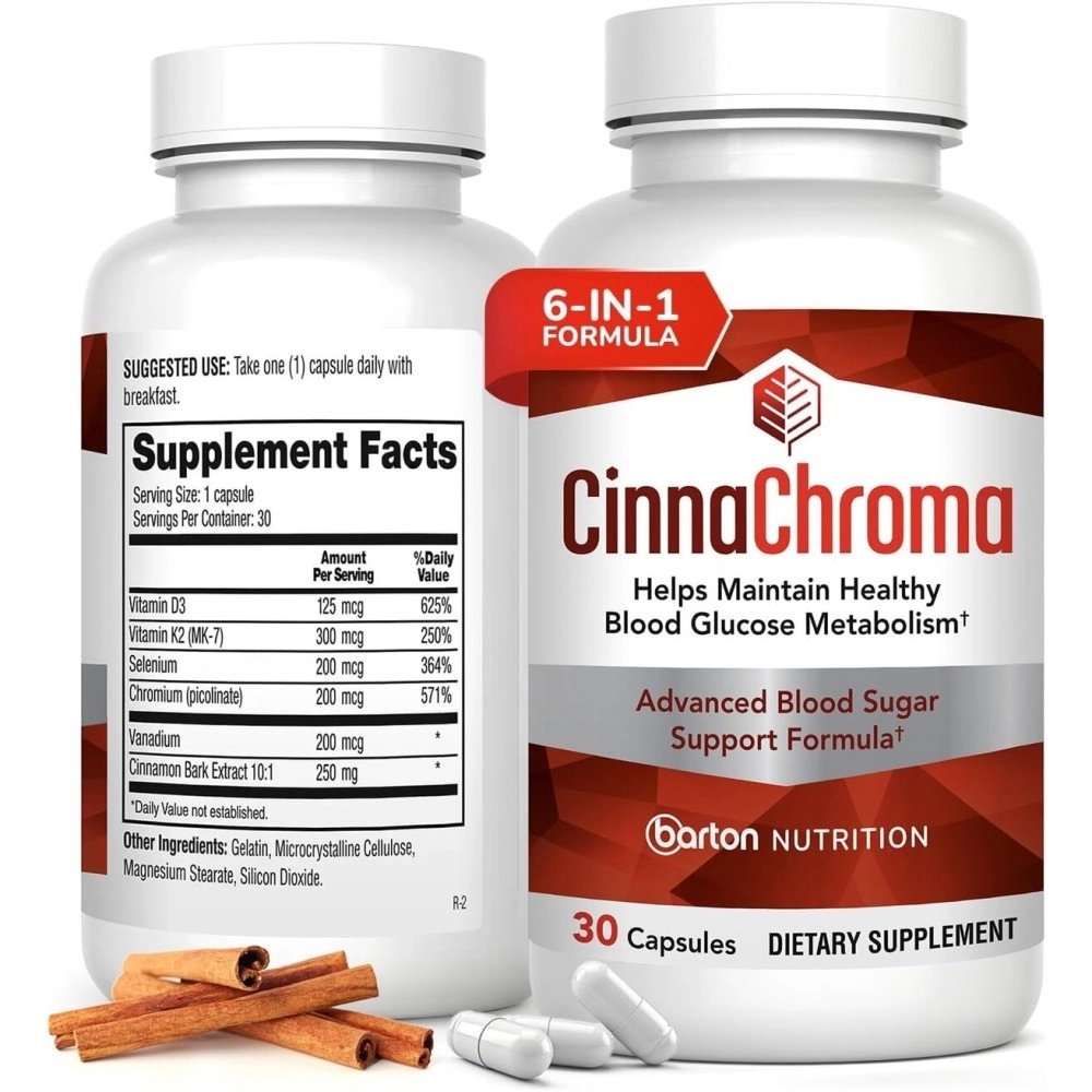 Barton Nutrition CinnaChroma Cinnamon Capsules - Cinnamon Extract Supplement with Chromium Picolinate and Vanadium - 30 Capsules - with VIT D3 and K2 to Support Metabolism and Cardiovascular Health