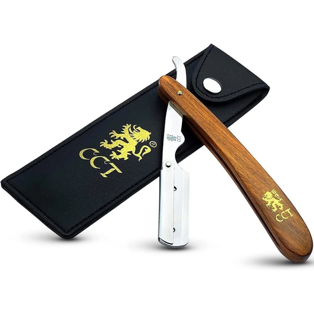 The Cambridge Cutthroat Razor Kit with Travel Pouch - Missanda Hardwood & Stainless Steel Professional Barber Single Straight Edge for Men - Moustache & Beard Shaper - No Blades Included.