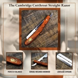 The Cambridge Cutthroat Razor Kit with Travel Pouch - Missanda Hardwood & Stainless Steel Professional Barber Single Straight Edge for Men - Moustache & Beard Shaper - No Blades Included.