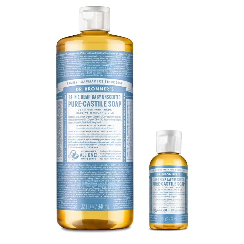 Dr. Bronner\'s Pure-Castile Liquid Soap - Baby Unscented Bundle. 32 oz. Bottle and 2 oz. Travel Bottle