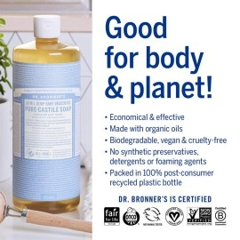 Dr. Bronner\'s Pure-Castile Liquid Soap - Baby Unscented Bundle. 32 oz. Bottle and 2 oz. Travel Bottle