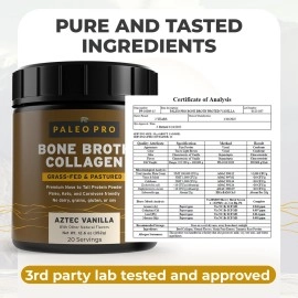 Paleo Pro Bone Broth Collagen w/Turmeric Root (Aztec Vanilla) Grass-Fed & Pastured Beef Collagen | Gluten Free, Dairy Free, No Sugar, Soy, Grains or Net Carbs & Keto Friendly (20 Servings)