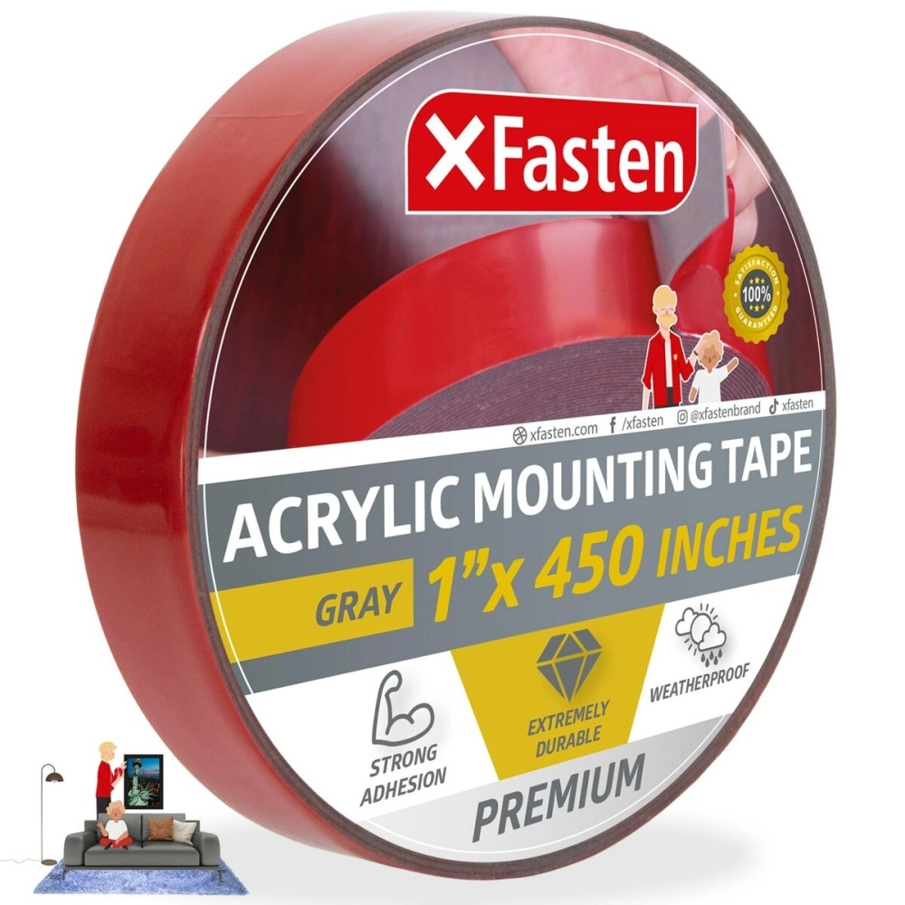 XFasten Extreme Double-Sided Acrylic Mounting Tape Removable, Gray, 1-Inch x 450-Inch, Weatherproof, Super Strong Double-Sided Adhesive and Tough Bonding Strength