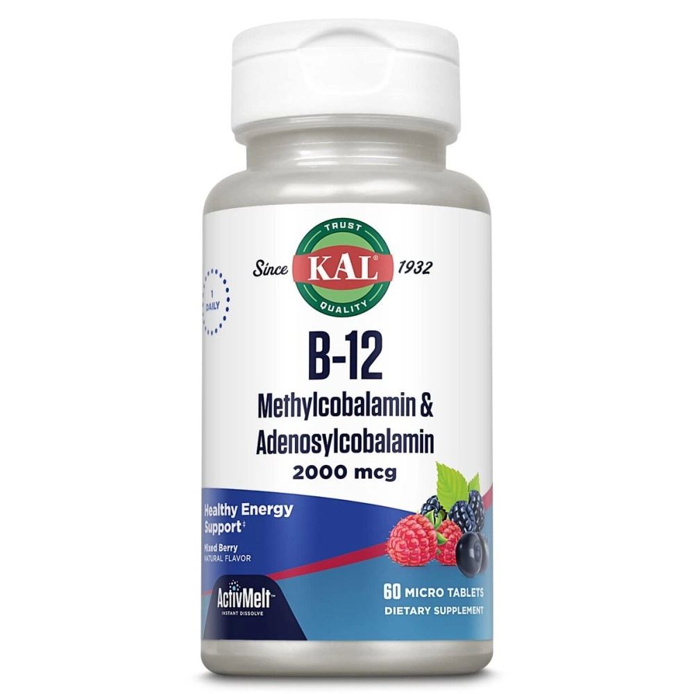 KAL B-12 Methylcobalamin & Adenosylcobalamin, ActivMelt, Mixed Berry 60 Micro Tablets (2000 Mcg)