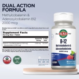 KAL B-12 Methylcobalamin & Adenosylcobalamin, ActivMelt, Mixed Berry 60 Micro Tablets (2000 Mcg)