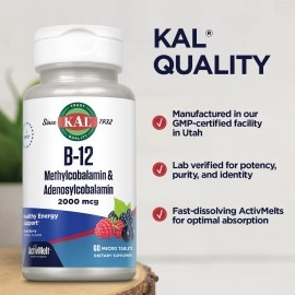 KAL B-12 Methylcobalamin & Adenosylcobalamin, ActivMelt, Mixed Berry 60 Micro Tablets (2000 Mcg)