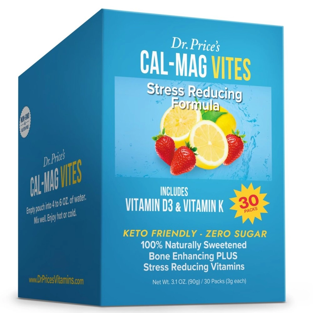Dr. Price\'s Vitamins Cal-Mag Vites Calcium Magnesium Powder for Men and Women | K, D, Mineral Supplement | Natural Calming Stress Relief Drink | Strawberry-Lemon 30 Packets | , No Sugar Non-GMO