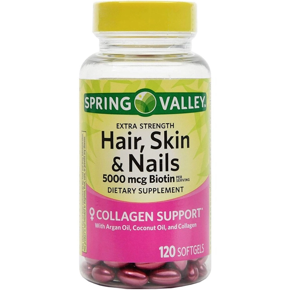Spring Valley Extra Strength Hair, Skin & Nails 5000Mcg Biotin Per Serving Dietary Supplement Collagen Support, 120 Softgels