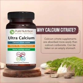 Pure Nutrition Ultra Calcium Citrate 1250mg Highly absorbable Calcium Supplement with Calcium Citrate Malate, Vitamin D, Zinc and Magnesium - 1 Tablet Daily (90 Veg Tabs) Non-GMO | Gluten-Free