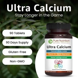 Pure Nutrition Ultra Calcium Citrate 1250mg Highly absorbable Calcium Supplement with Calcium Citrate Malate, Vitamin D, Zinc and Magnesium - 1 Tablet Daily (90 Veg Tabs) Non-GMO | Gluten-Free