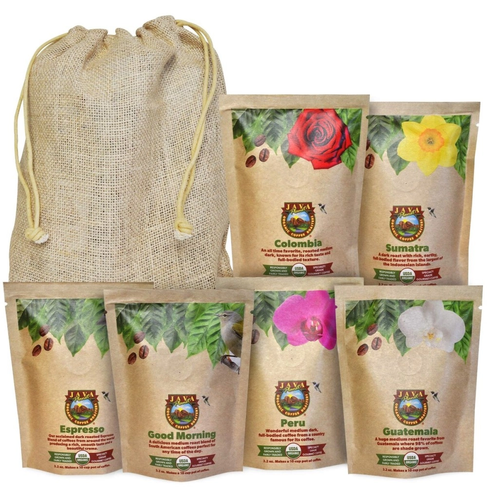 Sampler Variety Pack, Low Acid Organic Coffee Beans in Linen Gift Bag: Whole Bean, Mold-Free & Stomach Friendly, by Java Planet - Arabica Gourmet Coffee, 1.32 LBs of coffee packaged in six 3.2 oz bags