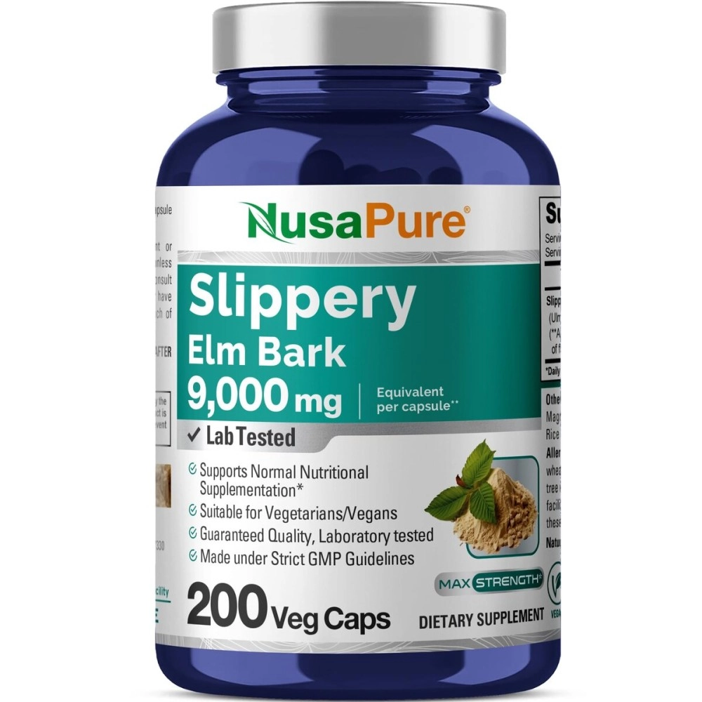 NusaPure Slippery Elm Bark Extract 9000 mg 200 Veggie Capsules (Extract 20:1, Non-GMO & Gluten Free)