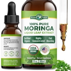 PURA VIDA MORINGA Leaf Extract Liquid Drops - USDA Organic Certified - Highly Purified, Bioavailable & Faster Absorption than Moringa Powder or Capsules - Single Origin Moringa Oleifera Leaves Extract