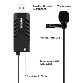 FIFINE TECHNOLOGY Lavalier Lapel Clip-on Cardioid Condenser Computer Mic Plug and Play USB Microphone with Sound Card (K053)