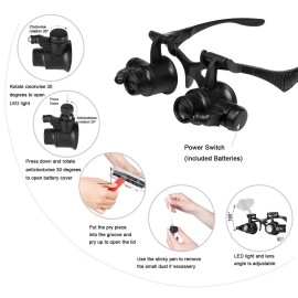 Qooltek Bracket/Headband Magnifying Glass Jewelry Clock Repair Loupe with 2 LED Lights and 8 Interchangeable Lens 2.5X 4X 6X 8X 10X 15X 20X 25X for 0.5-6.2 Inch Focal Length (New Upgraded Version)