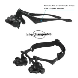 Qooltek Bracket/Headband Magnifying Glass Jewelry Clock Repair Loupe with 2 LED Lights and 8 Interchangeable Lens 2.5X 4X 6X 8X 10X 15X 20X 25X for 0.5-6.2 Inch Focal Length (New Upgraded Version)