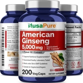 NusaPure American Ginseng 5000 mg - 200 Veggie Capsules (Vegetarian, Non-GMO & Gluten-Free)