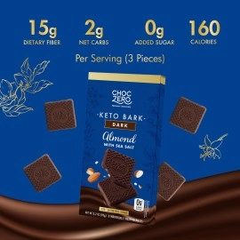 ChocZero\'s Keto Bark, Dark Chocolate Almonds with Sea Salt. Sugar Free, Low Carb. No Sugar, No Artificial Sweeteners, All Natural, Non-GMO (2 bags, 6 servings/each)