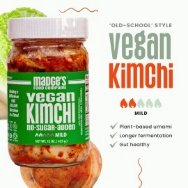 Madge\'s Food Traditional Vegan Kimchi Made from Napa Cabbage, Contains Probiotics, Gut Enzymes & Fermented Longer for Increased Health Benefits, No Sugar Added, Mild, 15oz
