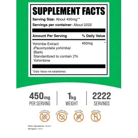 BULKSUPPLEMENTS.COM Yohimbe Extract Powder - Yohimbe Bark Extract, Yohimbe Supplements for Men & Women, Yohimbe Bark Powder - Herbal Supplement, Gluten Free, 250mg per Serving, 1kg (2.2 lbs)