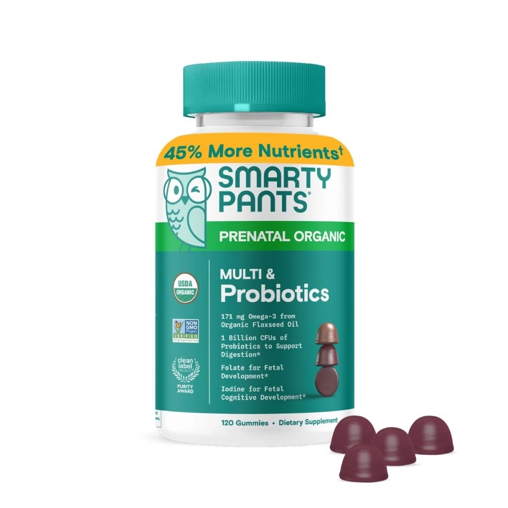 SmartyPants Daily Organic Gummy Prenatal Multivitamin:, Vitamin C, D3 & Zinc for Immunity, Biotin, Omega 3 Fish Oil, Selenium, B6, Methyl B12 for Energy 120 Count (30 Day Supply) Packaging May Vary
