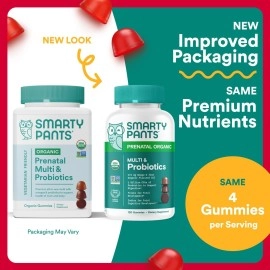 SmartyPants Daily Organic Gummy Prenatal Multivitamin:, Vitamin C, D3 & Zinc for Immunity, Biotin, Omega 3 Fish Oil, Selenium, B6, Methyl B12 for Energy 120 Count (30 Day Supply) Packaging May Vary