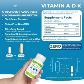Power By Naturals ADK Vitamin Supplement - Vitamin A + D3 K2 are 3-in-1 to Support Strong Bone, Heart, & Immune Health - Vitamin D 5000 iu, VIT K2 as MK-7, 60Ct