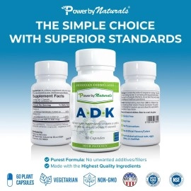 Power By Naturals ADK Vitamin Supplement - Vitamin A + D3 K2 are 3-in-1 to Support Strong Bone, Heart, & Immune Health - Vitamin D 5000 iu, VIT K2 as MK-7, 60Ct