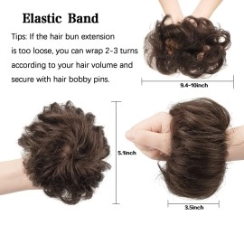 FESHFEN Bun Hairpiece Human Hair Wavy Chestnut Medium Hair Extension Natural Elastic Curly Hair Scrunchie Hairpieces for Women
