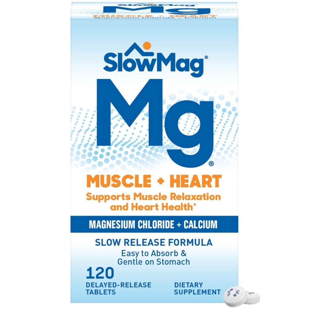 SlowMag Mg Muscle + Heart Magnesium Chloride with Calcium Supplement, 120 Count