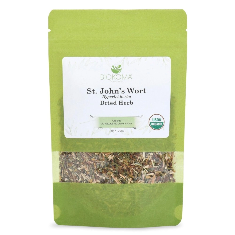Biokoma 100% Pure and Organic St. Johns Wort Dried Herb 50g (1.76oz) in Resealable Moisture Proof Pouch