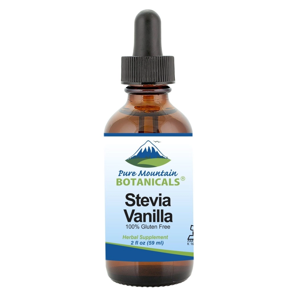 Pure Mountain Botanicals Vanilla Stevia Drops - Alcohol Free & Kosher - Flavored with Natural Vanilla - 2oz Glass Bottle