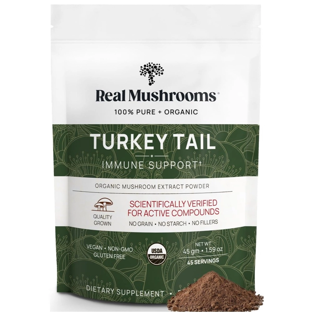 Real Mushrooms Turkey Tail Powder - Organic Supplement with Potent Extract for Gut, Energy, Brain, & Immune Support - Vegan, Non-GMO, 45 Servings