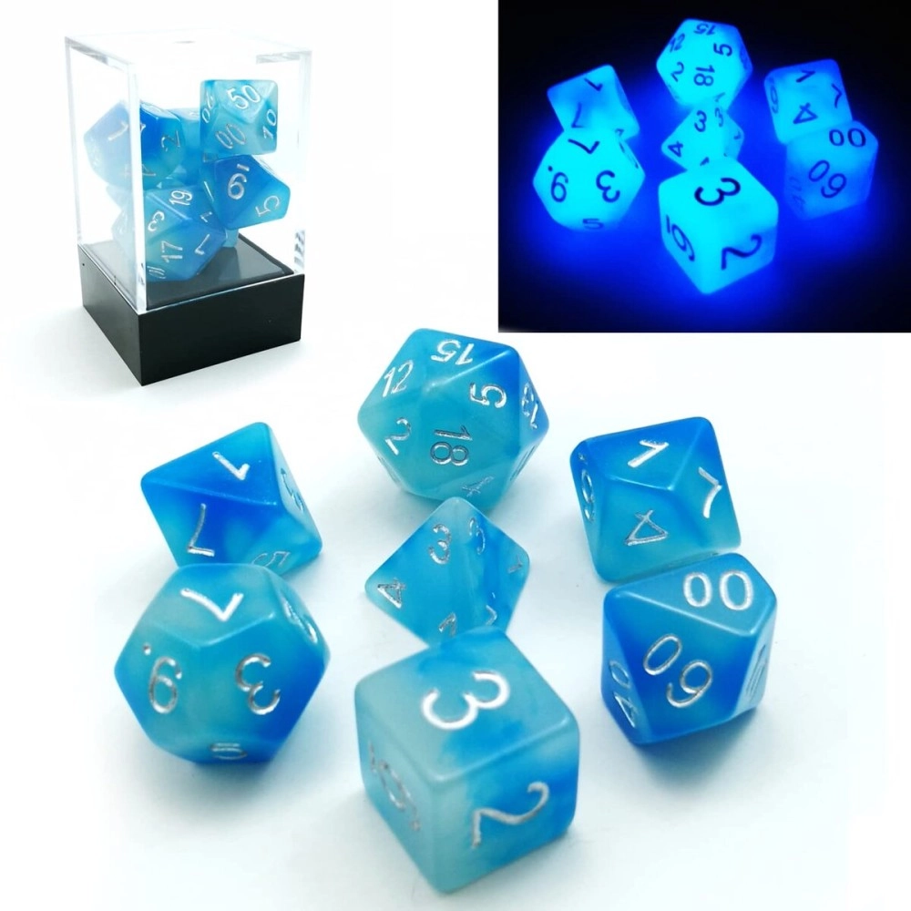 BESCON DICE Gemini Glowing Polyhedral 7pcs Set ICY Rocks, Luminous RPG d4 d6 d8 d10 d12 d20 d%, Brick Box Packaging