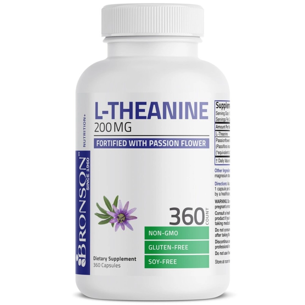 Bronson L-Theanine 200mg (Double-Strength) with Passion Flower Herb - Reducing Stress and Promoting Relaxation Without Sedation - Non GMO Gluten Free Soy Free Formula, 360 Vegetarian Capsules