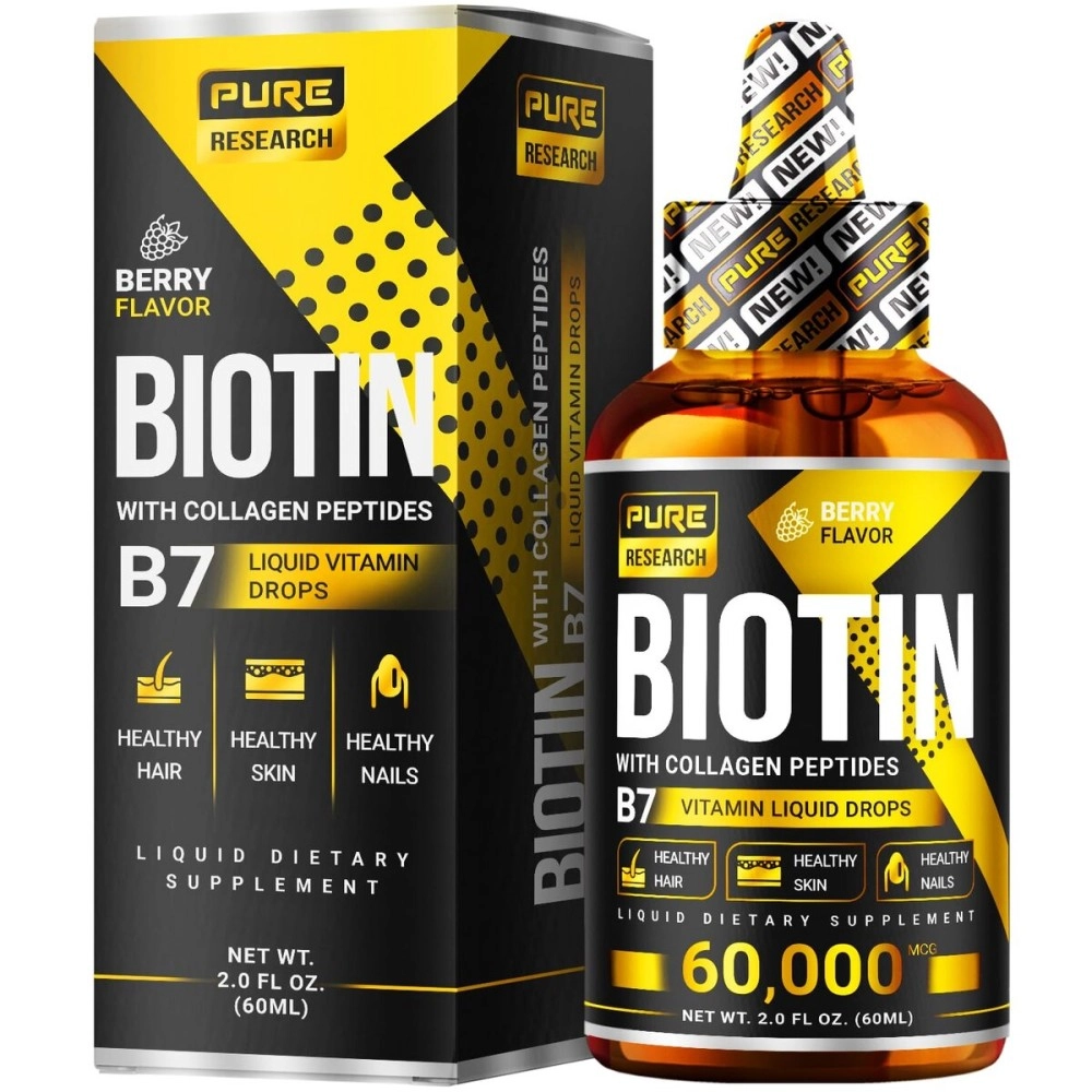 PURE RESEARCH Extra Strength 10000mcg Biotin Liquid Drops, 60 Servings, Vegan Friendly, Supports Healthy Hair Growth, Strong Nails and Glowing Skin, 3X More Absorption Than Capsules or Pills