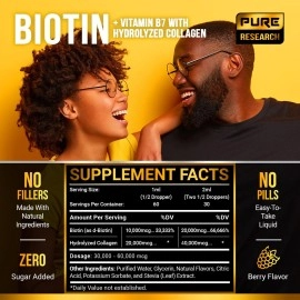 PURE RESEARCH Extra Strength 10000mcg Biotin Liquid Drops, 60 Servings, Vegan Friendly, Supports Healthy Hair Growth, Strong Nails and Glowing Skin, 3X More Absorption Than Capsules or Pills