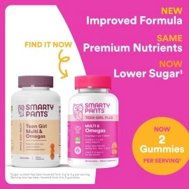SmartyPants Teen Girl Multivitamin Gummies: Omega 3 Fish Oil (EPA/DHA), Vitamin D3, C, Vitamin B12, B6, Vitamin A, K & Zinc, Gluten Free, Three Fruit Flavors, 90 Count (22 Day Supply)